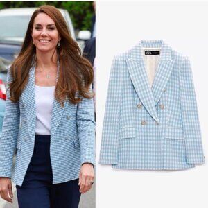 Zara Double Breasted Houndstooth Blazer Sz XS in Light Blue & Ivory